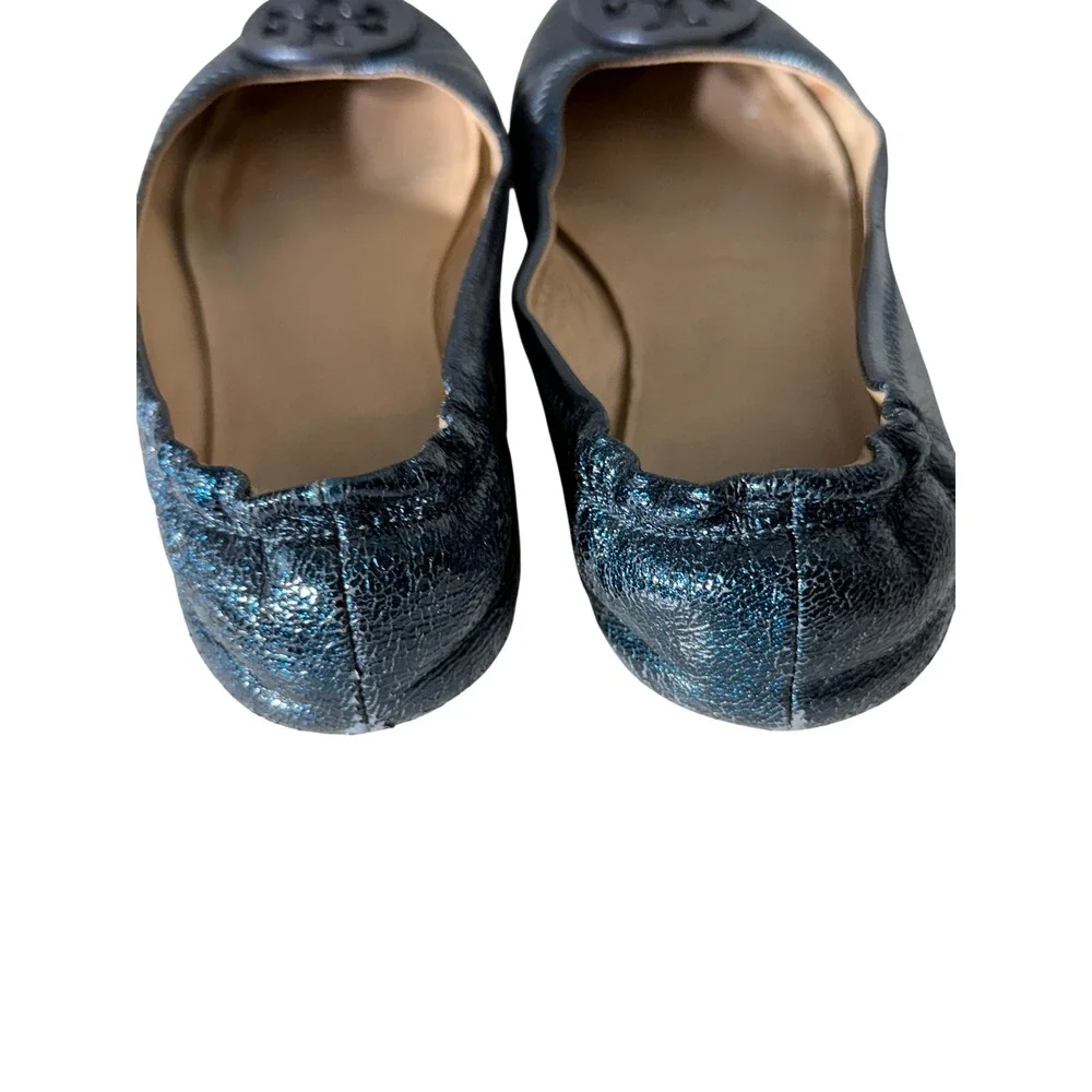 Tory Burch Reva Metallic Blue Cracked Leather Logo Ballet Flats Womens 7.5
